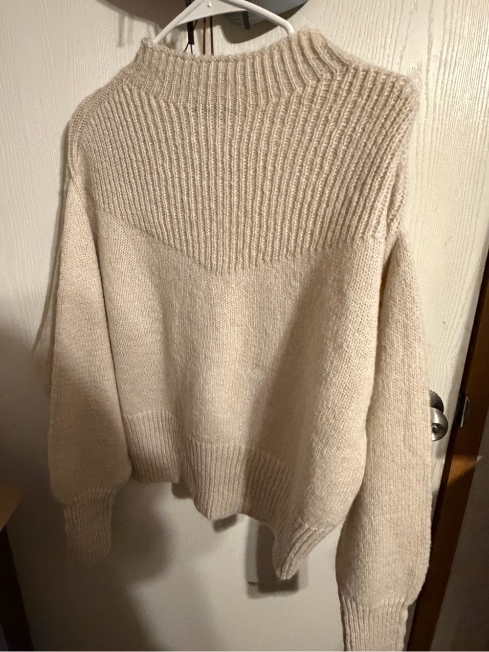 Zenana Cream Ribbed Yoke Mock Neck Sweater - Size Large